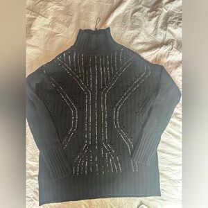 BCBGMAXAZRIA Black Sequin Merino Wool Turtleneck Sweater S Knit  Pullover